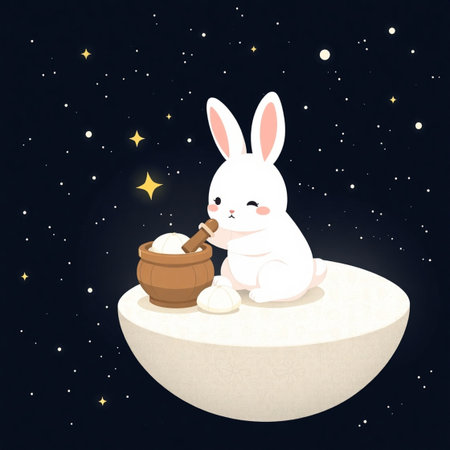Cute cartoon rabbit with a bowl of flour on the moon.の写真素材
