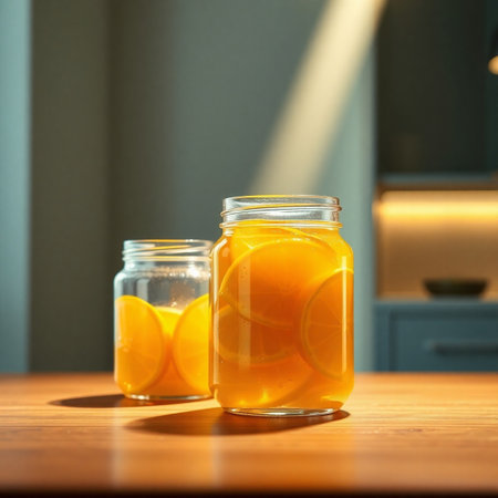 Lemonade in glass jars on a wooden table in the kitchen
