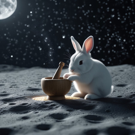 White rabbit with a mortar and pestle on the background of the moonの写真素材