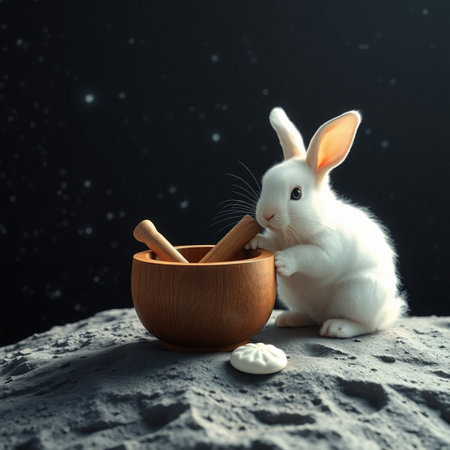White rabbit with wooden bowl and pestle on black background, space for textの写真素材