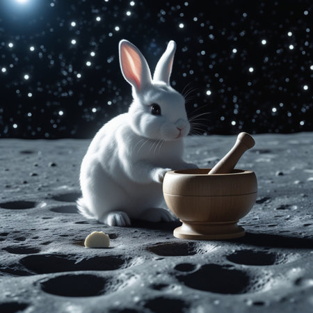 White rabbit with a wooden mortar and pestle on the background of the moonの写真素材
