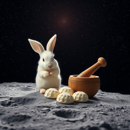 Cute white rabbit on the moon with wooden mortar and pestleの写真素材