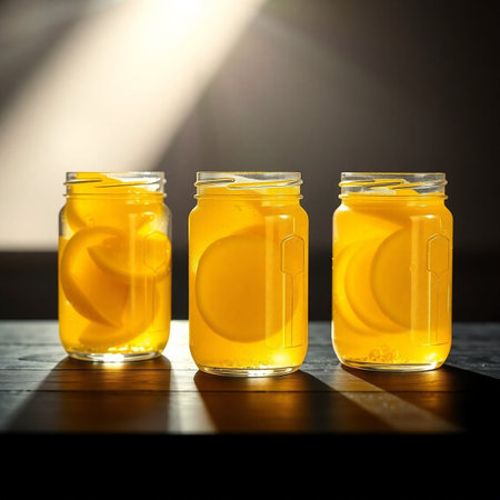 Three glass jars of lemonade on a black table in the sunlight
