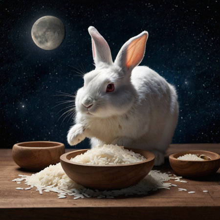 Rabbit and bowl of rice on wooden table against night sky backgroundの写真素材