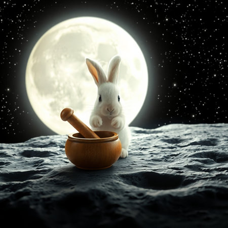 White rabbit with mortar and pestle on moon background. Easter conceptの写真素材