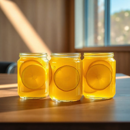 Lemonade in glass jars on a wooden table in a cafeの写真素材