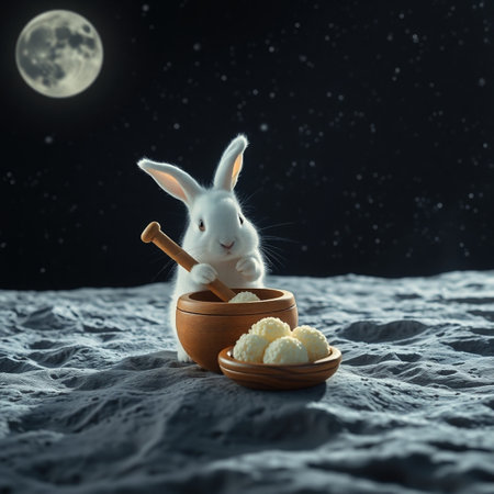 Cute little white rabbit with wooden bowl of chocolates and moon on the backgroundの写真素材