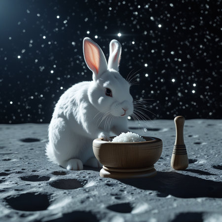 White rabbit with a bowl of rice on the moon. 3D renderingの写真素材