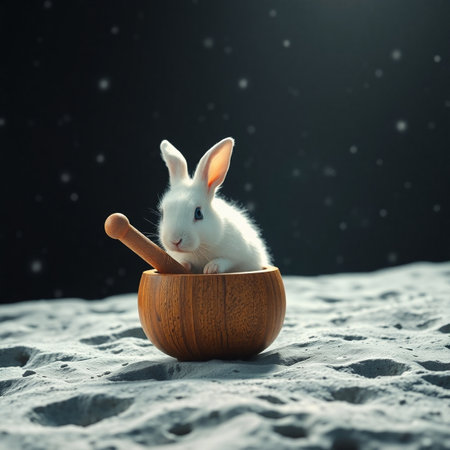 White rabbit in wooden bowl on dark background. Easter concept. Copy space.の写真素材