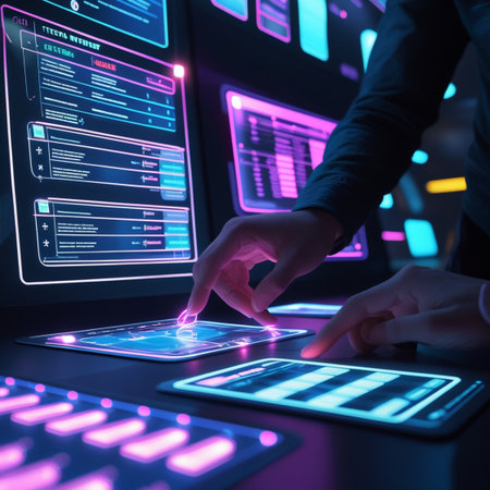 Close up of female hands using tablet computer with glowing web browser interface