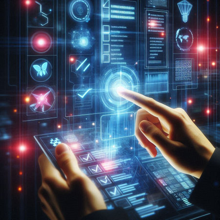 Close up of human hands using tablet pc with glowing HUD interface. Interface concept