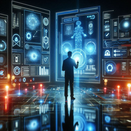 Silhouette of a businessman in front of a futuristic interface. 3D rendering