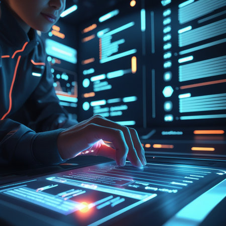 Close up of person using tablet in dark room.