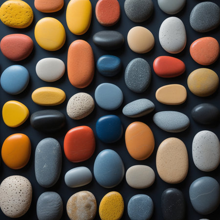 Colorful pebbles on dark background. Flat lay, top view.の写真素材