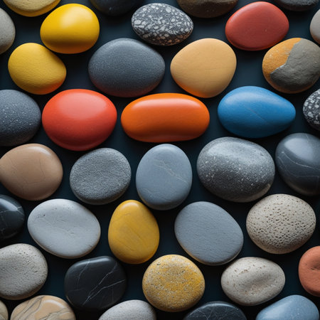 Colorful pebbles on a dark blue background, top viewの写真素材