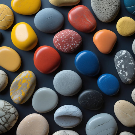 Colorful pebbles on blue background. Flat lay, top view.の写真素材