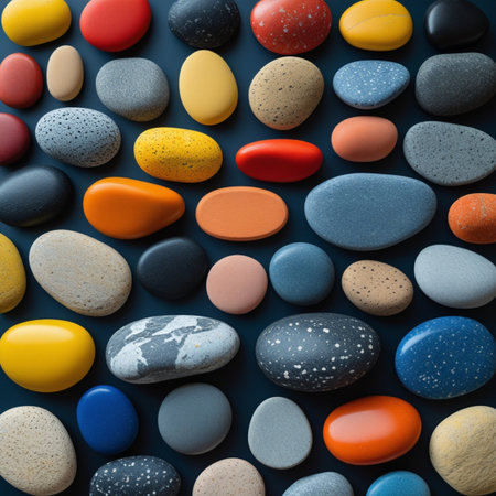 Colorful pebbles on blue background. Top view. Flat lay.の写真素材