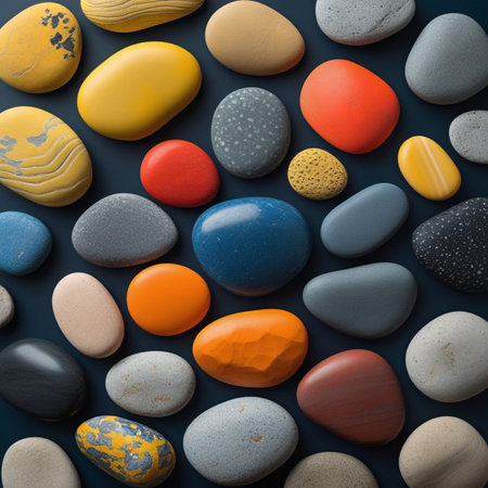 Colorful pebbles on dark blue background, top viewの写真素材