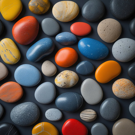 Colorful pebbles on dark gray background, top view.の写真素材