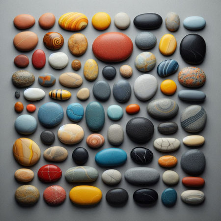 Colorful pebbles on gray background. Top view, flat lay.の写真素材