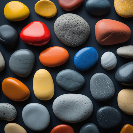 Colorful pebbles on dark background. Top view, flat layの写真素材