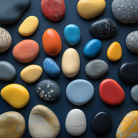 Colorful pebbles on blue background. Flat lay, top view.