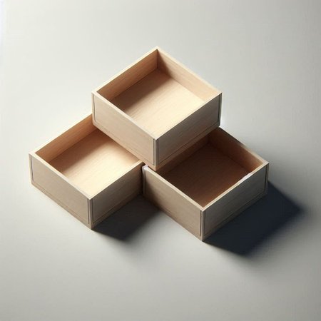 Wooden box on a gray background. Top view, flat lay.の写真素材