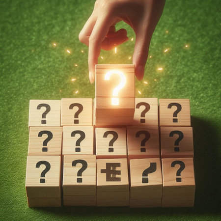 Hand putting wooden cube with question mark on green background. Question and answer concept