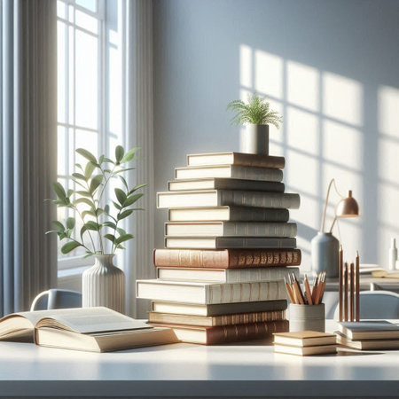 Stack of books on a white table in a room with a window. 3d rendering mock upの写真素材
