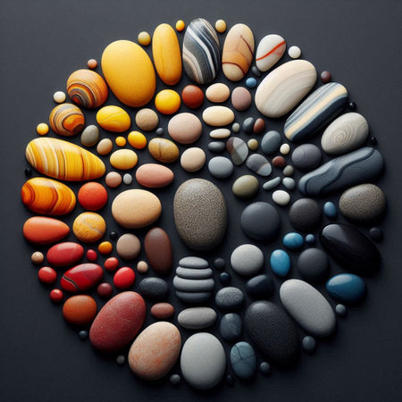 colorful pebbles on black background, top view, squareの写真素材