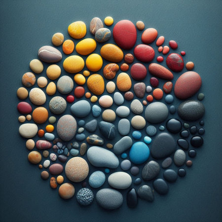 Colorful pebbles on dark blue background. Top view.の写真素材