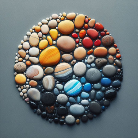 Colorful round pebbles on gray background. Abstract background.の写真素材