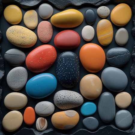 Colorful pebbles on dark background. Top view, flat layの写真素材