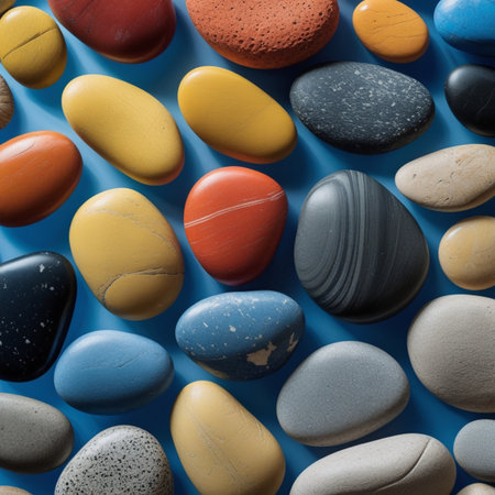 colorful pebbles on blue background, top view, flat lay