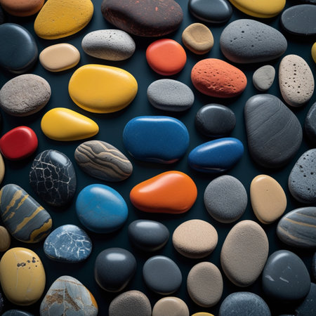 Colorful pebbles on dark blue background, top view.の写真素材
