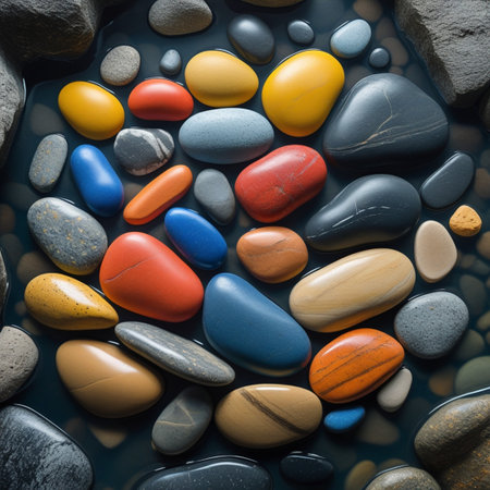 Colorful pebbles in water, abstract background, square composition