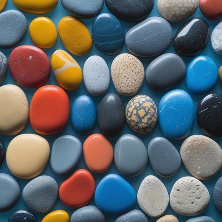 Colorful pebbles on blue background. Top view. Flat lay.の写真素材