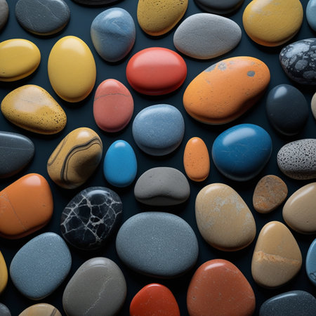 Colored pebbles on a dark blue background. Close-up.の写真素材