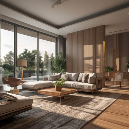 Interior of modern living room 3D rendering image.There are wooden floor and brown walls.There is a glass door to the terrace.There are a coffee table and a sofa.の写真素材