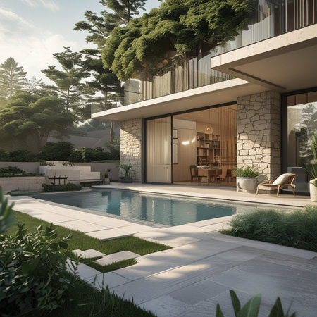 3d rendering of modern cozy house with pool and parking for sale or rent