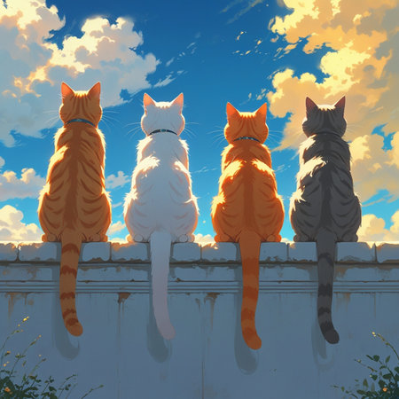 Four cats sit on the fence in front of the sky. Vector illustration.の写真素材