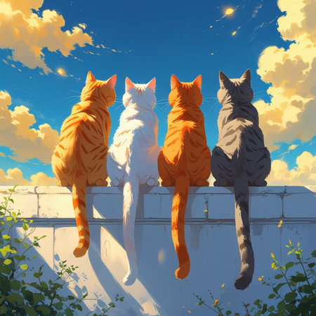 Three cats sit on the fence against the blue sky with clouds.の写真素材