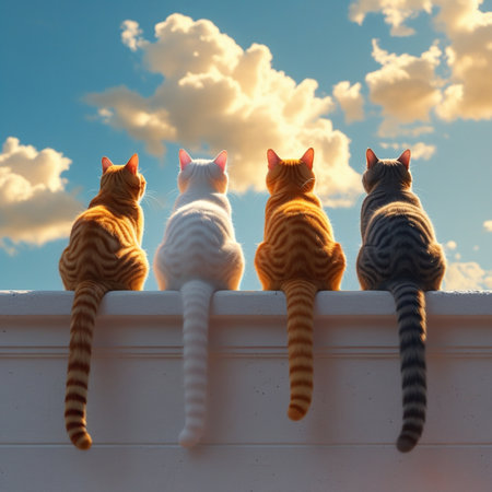 Four cats sitting on the wall and looking at the sky with cloudsの写真素材