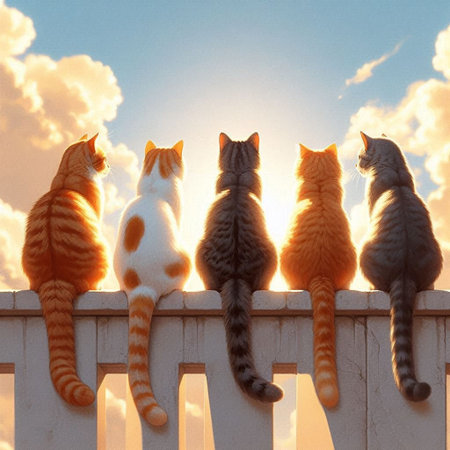 Group of cats sitting on a fence in the rays of the setting sunの写真素材