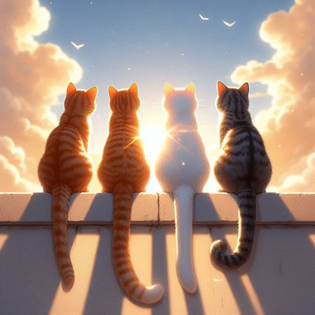 Three cats sit on the wall in the rays of the setting sunの写真素材