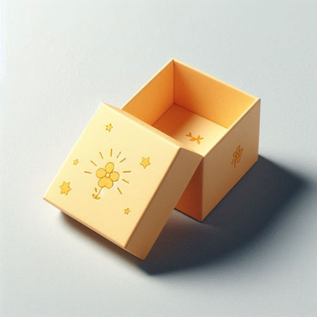 Open yellow gift box with sun and stars on the gray background.の写真素材