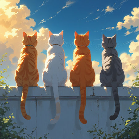 Group of cats sitting on the fence at sunset. Vector illustration.の写真素材