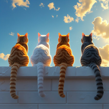 Four cats sitting on a wall in front of a blue sky.の写真素材