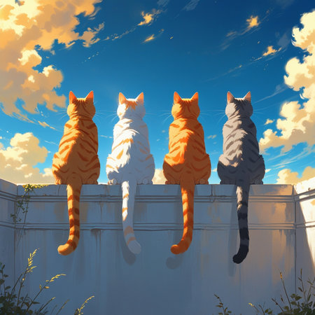 Four cats sit on the fence against the blue sky with clouds.の写真素材