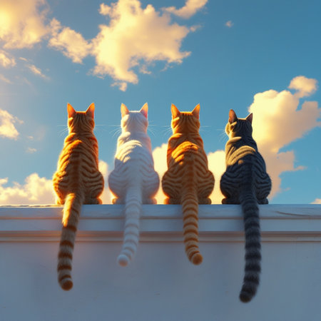 Four cats are sitting on the roof of the house against the blue skyの写真素材